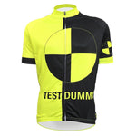 The Crash Test Dummy Cycling Jersey is bright yellow and black with a large quadrant-divided circle on the front and TEST DUMMY below. Made from lightweight polyester, it features a smaller matching circle on the left sleeve for added style and performance.