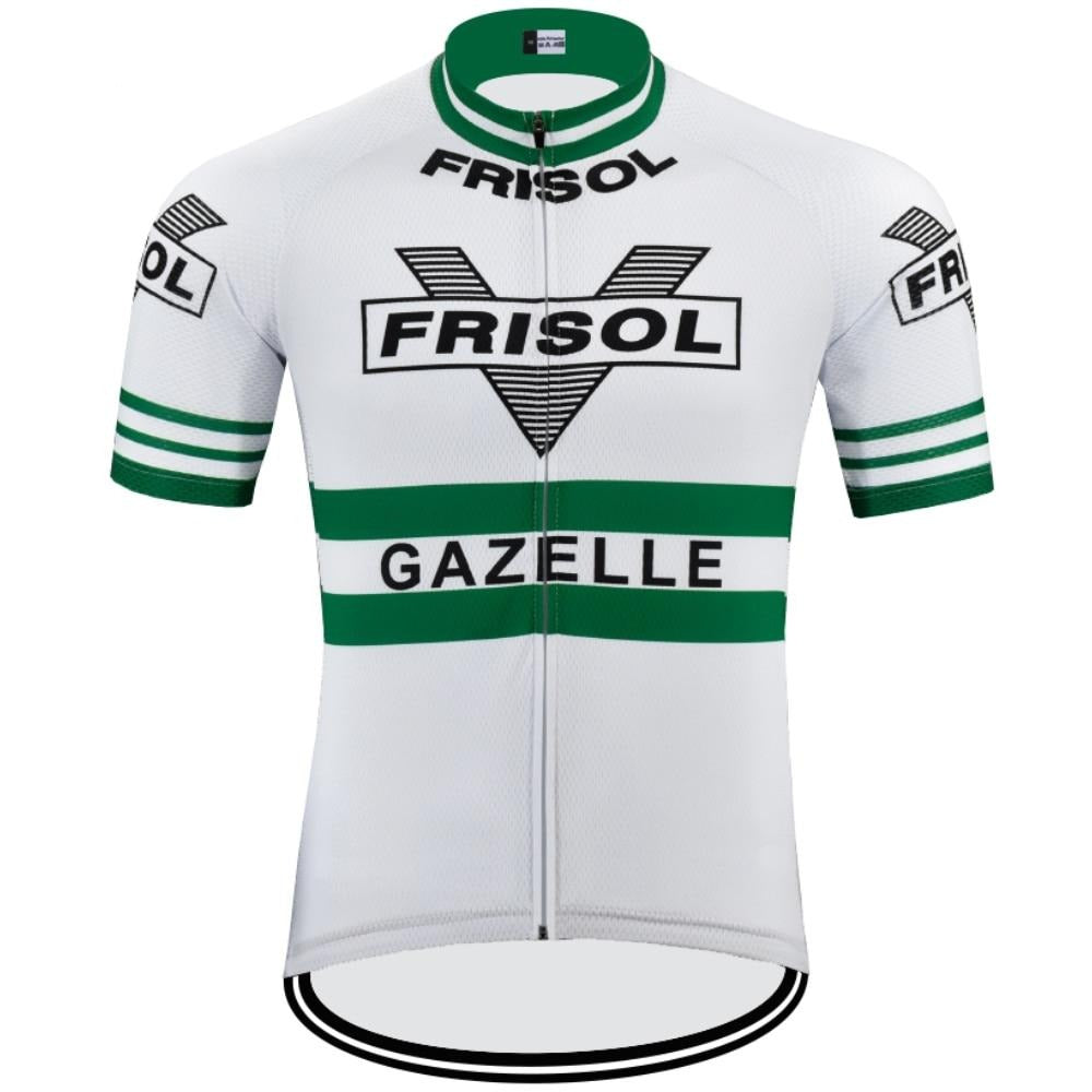 The Frisol Gazelle Retro Cycling Jersey features black FRISOL and GAZELLE logos with sleek green stripes on the chest, sleeves, and collar. It captures the classic racing spirit against a pristine white background, reminiscent of iconic races like Milan–San Remo.