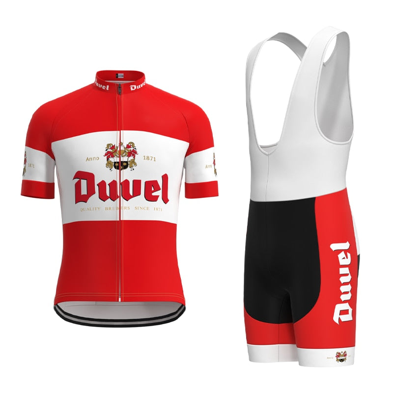 The Duvel Beer Retro Cycling Jersey Set includes a red and white jersey with Duvel text and logo, short sleeves, front zipper, plus matching red, white, and black breathable bib shorts with Duvel on the side—perfect for fans of Duvel Beer to ride in style.