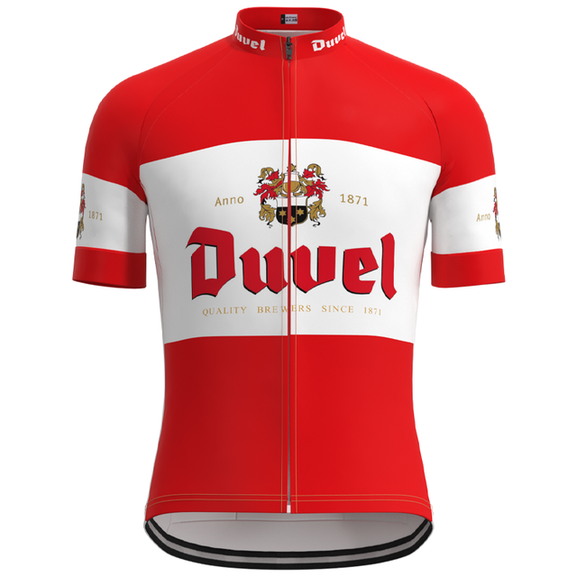The Duvel Beer Retro Cycling Jersey Set includes a red and white jersey featuring a Duvel logo and crest, short sleeves, a full-length front zipper, and Anno 1871 & Quality Brewers Since 1871 text. Pair it with breathable shorts for a comfortable ride.