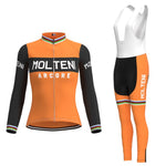 The Womens Molteni Orange Retro Cycling Jersey Long Set, featuring Molteni Arcore text, black sleeves, and rainbow stripe accents, includes matching bib tights and is inspired by Eddy Merckx. This winter fleece set is perfect for added warmth on chilly rides.