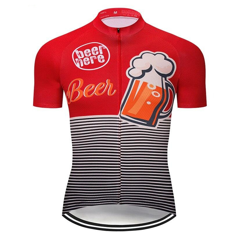 The Beer Here Retro Cycling Jersey features a vibrant red and beer mug design with a beer here slogan on the chest. Black and white stripes adorn the lower half, while its lightweight polyester ensures comfort. A full-length front zipper adds practicality to this stylish jersey.