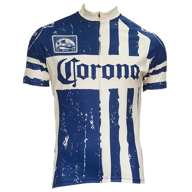 The Corona Beer Cycling Jersey features a blue and white design with uneven stripes and Corona boldly printed across the chest for a vintage vibe. Made from lightweight polyester, it offers comfort and breathability. A zippered neckline adds a sleek finish.