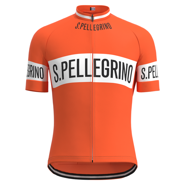 The San Pellegrino Retro Cycling Jersey Set, made from lightweight polyester, features orange with black and white bands on the chest and sleeves. S. Pellegrino is boldly printed on the bands, and the breathable jersey includes a full-length front zipper for comfort.