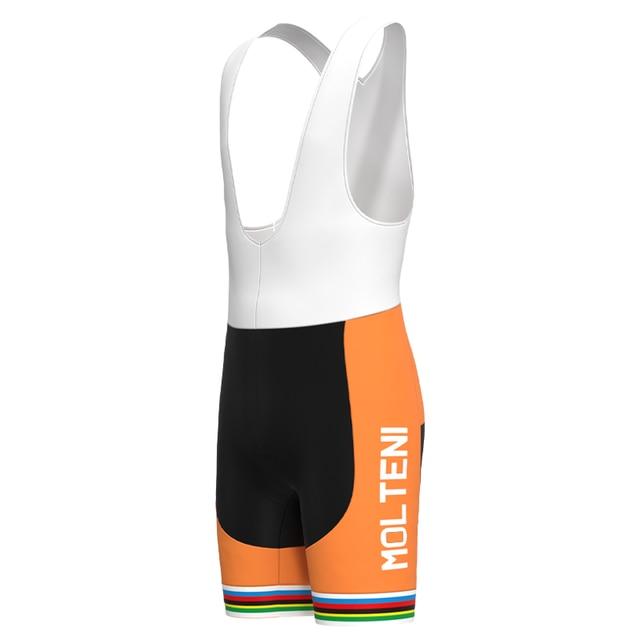 The Molteni Orange Bib Shorts feature orange and black colors, white straps, MOLTENI in white on the orange side panel, and thin green, white, red, and blue stripes at the hem for a vintage touch inspired by the Eddy Merckx era.