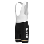 The Molteni Black Bib Shorts feature a side view with a white top and black shorts, evoking Eddy Merckxs era. MOLTENI is in white vertically on the left leg, with yellow and white stripes on the hem, celebrating Italian professional road racing history.