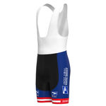 US Postal Service White Bib Shorts: Cycling bib shorts with a gel seat pad, featuring the USPS logo. The design includes Berry text with vibrant red, blue, and black blocks accented by white details.