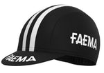 The Faema 1955 Retro Cycling Cap in black features a classic design with white FAEMA text on the side and brim, plus two elegant white stripes running front to back, epitomizing vintage cycling style.