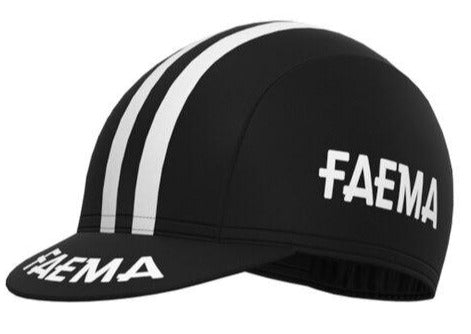 The Faema 1955 Retro Cycling Cap in black features a classic design with white FAEMA text on the side and brim, plus two elegant white stripes running front to back, epitomizing vintage cycling style.