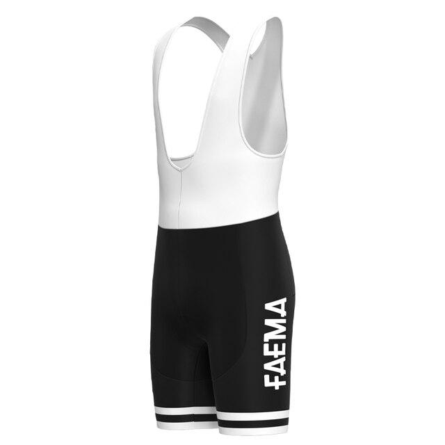 The Faema 1955 Bib Shorts boast a retro design with white straps and upper, transitioning to sleek black featuring FAEMA from the iconic 1955 era. A comfortable gel pad seat enhances the classic look, while two white stripes accentuate the leg openings.