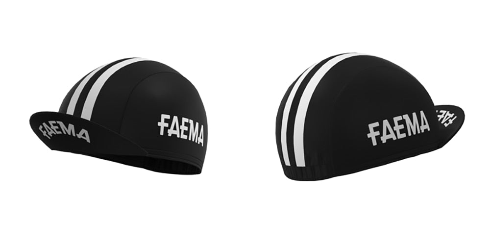 The Faema 1955 Retro Cycling Cap showcases a classic retro design with black fabric, FAEMA text, and two white stripes. Displayed from two angles, it captures the essence of vintage cycling style.