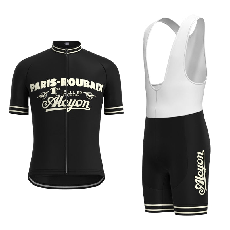 Discover the heritage of cycling with the Paris-Roubaix Retro Cycling Jersey Set. This black ensemble features Alcyon text, includes short sleeves, a zip front, matching bib shorts with white straps, and boasts performance benefits like a breathable gel seat pad for added comfort.