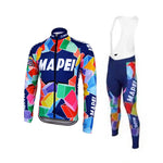 The Mapei Retro Cycling Jersey Long Set, featuring fleece-lined long-sleeve jersey and bib tights, boasts a colorful design with geometric patterns in red, blue, yellow, and green. The MAPEI logo is prominently displayed.