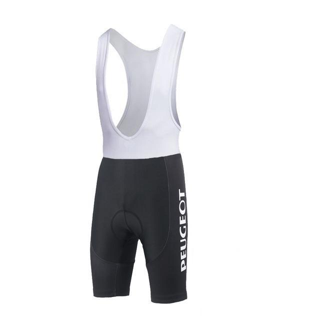 The Peugeot Bib Shorts feature a black and white design with PEUGEOT printed vertically on the side, offering a retro cycling feel. They include a gel pad for comfort and shoulder straps for support.