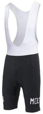 Molteni Bib Shorts feature black shorts with white suspenders and MOLTI in white on the side, inspired by Eddy Merckx. They include a gel pad seat for comfort on long rides.
