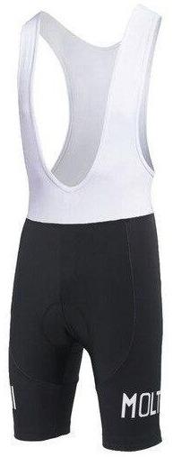 Molteni Bib Shorts feature black shorts with white suspenders and MOLTI in white on the side, inspired by Eddy Merckx. They include a gel pad seat for comfort on long rides.