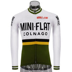 A transparent mannequin displays the Mini Flat Colnago Retro Cycling Jersey (with Fleece Option), featuring a long-sleeved white design with green, yellow, and black accents. It boldly showcases MINI-FLAT, COLNAGO, and BOULE DOR text and includes a front zipper for easy wear.