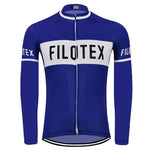 The Filotex Retro Cycling Jersey, available in blue with long sleeves, boasts a vintage style highlighted by a full-length zipper and FILOTEX printed in white on both the chest and sleeves.