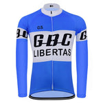 The GBC Libertas Retro Cycling Jersey features GBC LIBERTAS in bold black on the chest and arms, with G.S. initials on the upper left. This long-sleeve jersey offers warmth with its fleece lining and has a full front zipper for style during your rides.