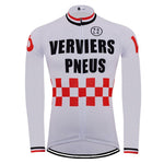 The Verviers Pneus Retro Cycling Jersey sports a white base adorned with black VERVIERS PNEUS text, a V.C.L. logo, and red checkerboard accents. Red number 16 graces the sleeves, with breathable fabric for comfort and a central zipper for convenience. Optional fleece available.