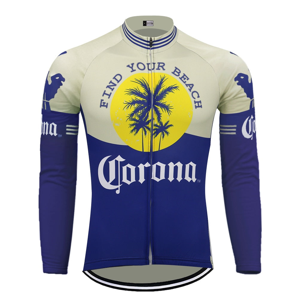 The Corona Beer Retro Cycling Jersey, offering a fleece option, features long sleeves and a vibrant design with a yellow sun, palm trees, Find Your Beach, and the bold Corona logo, making it ideal for style and comfort while cycling.