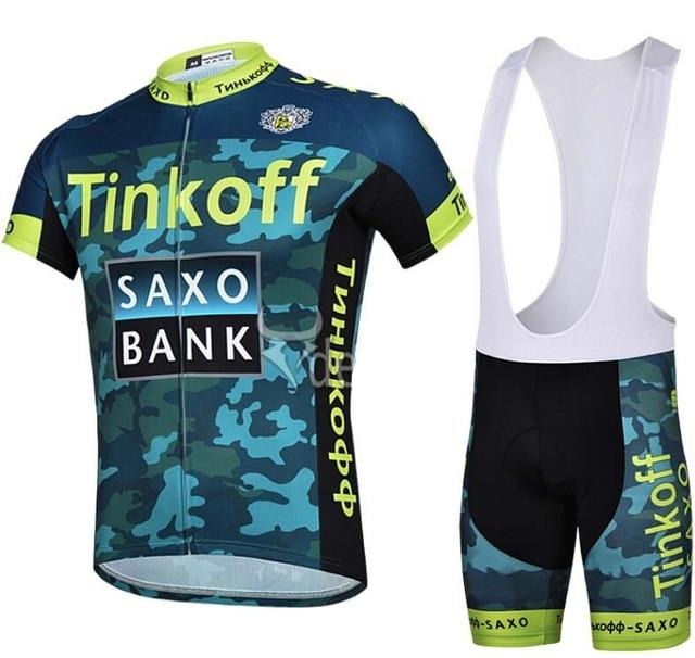 The Tinkoff Saxo Bank Camouflage Set features a blue and green camouflage short-sleeved cycling jersey with Tinkoff and Saxo Bank logos, yellow accents, and breathable fabric, paired with matching bib shorts.