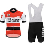 The HB Alarm Systemen Retro Cycling Jersey Set includes a red, black, and white retro jersey with HB alarm systemen and agu logos. It pairs with black bib shorts featuring a white strap, comfortable gel seat pad, and brand detailing. Made from lightweight polyester for ultimate flexibility.