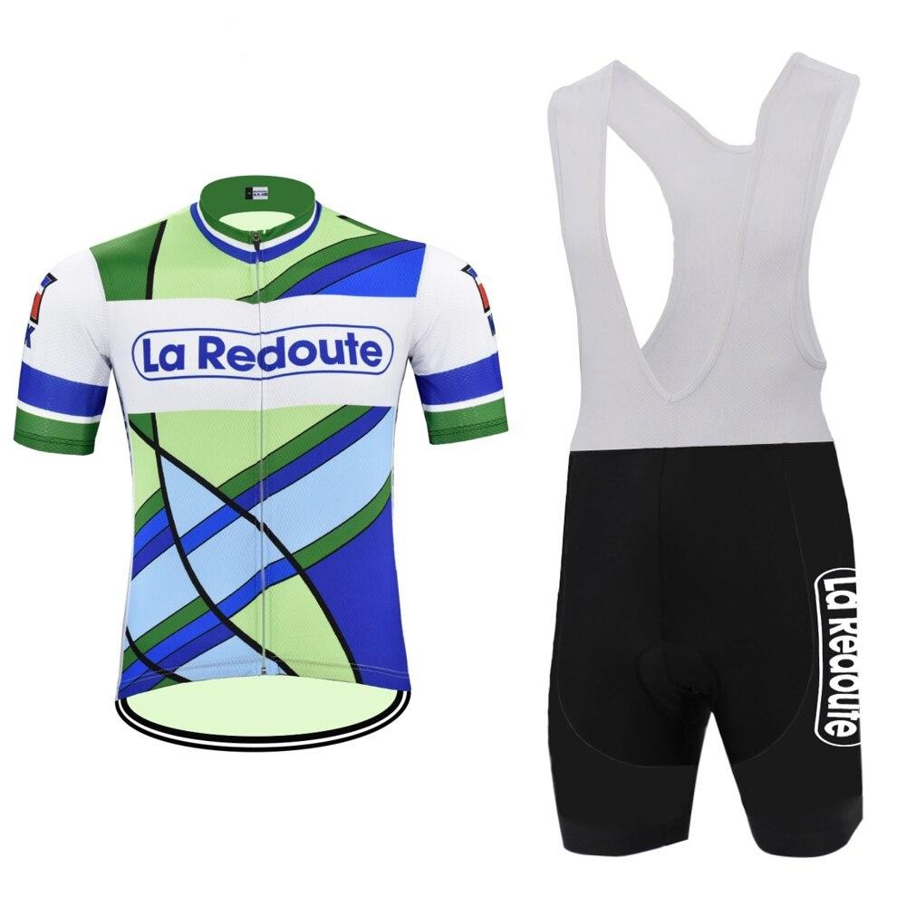 The La Redoute Retro Cycling Jersey Set includes a green, blue, and white jersey with abstract patterns and a front zipper, paired with breathable black bib shorts featuring white text on one leg.