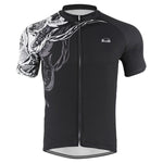 The Black and White Pattern Cycling Jersey is a lightweight polyester design featuring a black base with a striking white and gray abstract pattern on the left shoulder and sleeve, tailored for performance with a front zipper and subtle logo on the right chest.