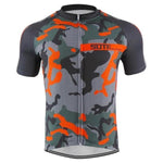 The Grey-Orange Camouflage Cycling Jersey, made of lightweight polyester, features a stylish grey, green, black, and orange camouflage pattern with a full-length front zipper and an orange stripe with text for ultimate riding comfort.