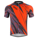 Introducing the Red Pattern Cycling Jersey: a vibrant, lightweight polyester jersey featuring an abstract design in red, black, and purple with geometric patterns. It has short sleeves, a front zipper, and boldly displays SURVIVAL OF THE FITTEST on the front.