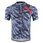 A short-sleeved cycling jersey crafted from lightweight polyester, featuring a geometric blue and gray design with red accents on the right shoulder and a front zipper. The chest displays SDTF.