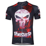 The Punisher Cycling Jersey, made from lightweight polyester, is a black performance top with a prominent white skull logo on the front, red accents, and Punisher at the bottom. Its bold graphics create a striking and edgy appearance.
