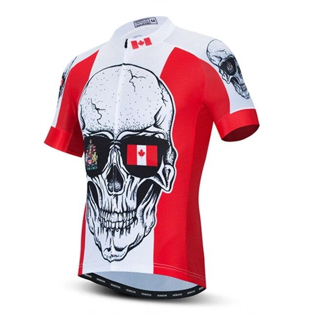 The Canada Skull Cycling Jersey is a performance jersey made from lightweight polyester, featuring a bold skull with sunglasses reflecting Canadian flags in red and white. It includes short sleeves and a high collar.