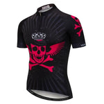 Meet the Black Pirate Skull Cycling Jersey, adorned with a bold red skull and crossbones design, crowned and winged over a radial pattern. Made from lightweight polyester, it features short sleeves with Weimostar on the hem and cuffs.
