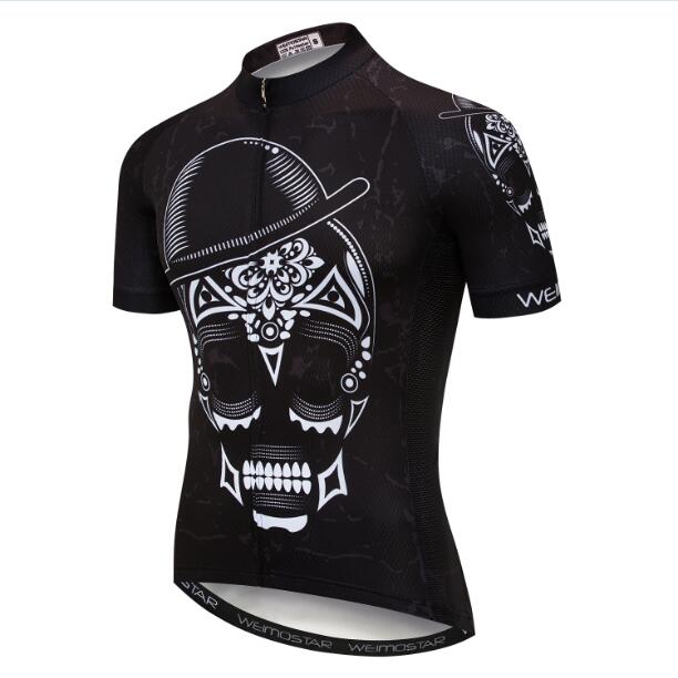 Explore the Hat and Skull Cycling Jersey from WEIMOSTAR, a lightweight polyester performance jersey featuring a Day of the Dead skull with intricate patterns, a bowler hat, and floral motifs, plus branded embellishments on the arms and lower front.