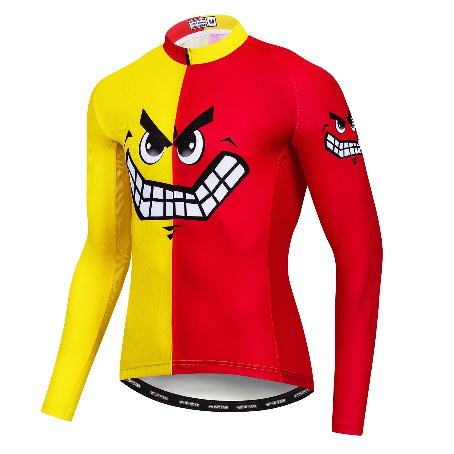 The Red & Yellow Grinning Face Cycling Jersey is a lightweight, long-sleeve polyester jersey with a bold yellow and red split design featuring a striking grinning face with raised eyebrows, perfect for adventurous cyclists.