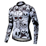 The Red Eye Skull Long Sleeve Cycling Jersey showcases a striking gothic design with bold white skulls and red eyes set against a black background.