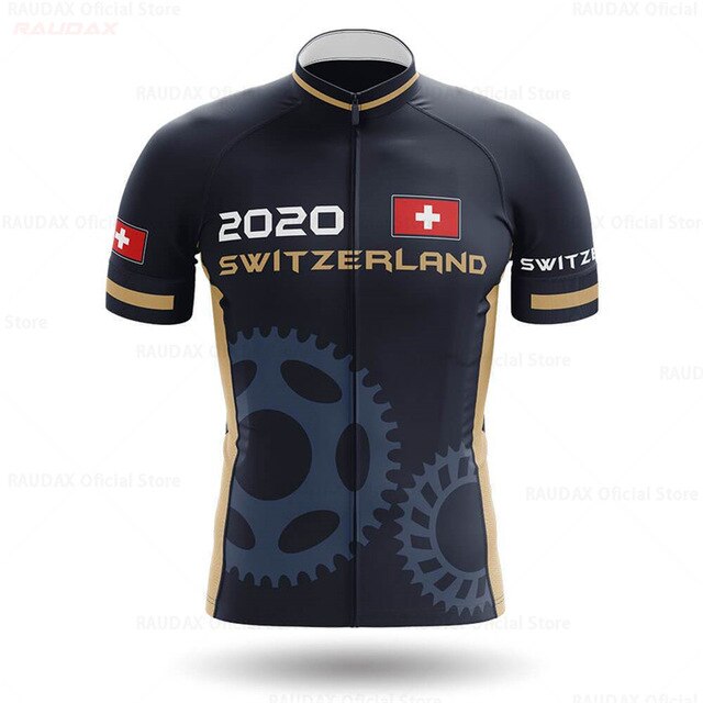 The Swiss Pro Team Cycling Jersey is a lightweight polyester design featuring 2020 and Switzerland text, with Swiss flag logos on the chest and sleeves. It is tailored for performance with gear-like patterns at the bottom in dark gray.
