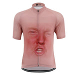 The Trumps Face Cycling Jersey is a pink performance cycling jersey made from lightweight polyester, displaying a detailed illustration of a face on the front divided by a center zipper, ensuring comfort and style for every ride.