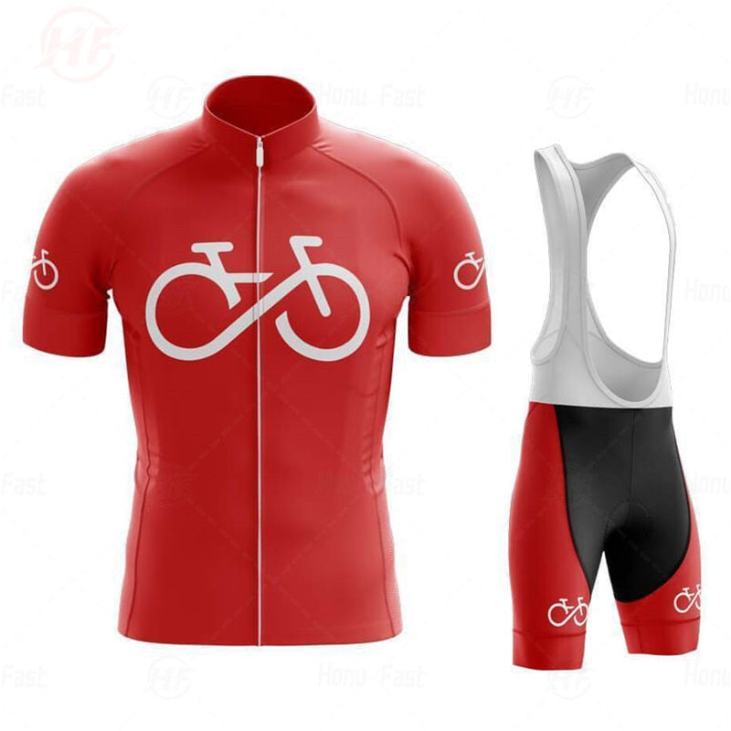 Explore the Bike Logo Red Cycling Jersey Set, including a red short-sleeve jersey with a white bicycle graphic and zipper, paired with bib shorts featuring white straps and a red logo. Made from breathable fabric with a silicone waist strip for comfort and fit on every ride.