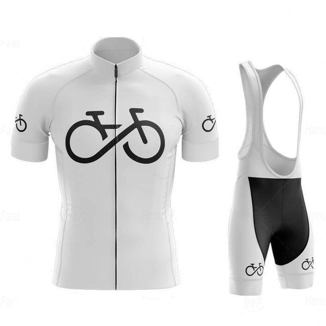 The Bike Logo White Cycling Jersey Set includes a white jersey and bib shorts featuring black bicycle logos. Made of lightweight polyester, the breathable shorts have a black seat area with small leg logos, while the jersey has chest and sleeve logos plus a front zipper.