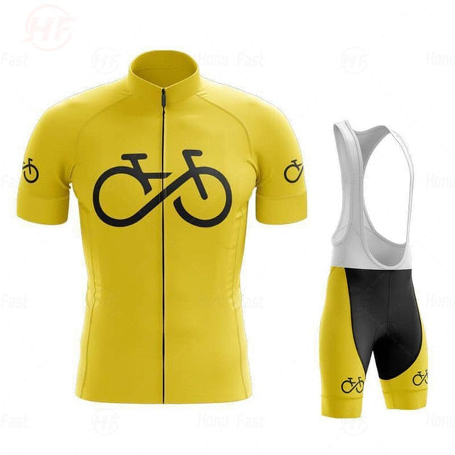 The Bike Logo Yellow Cycling Jersey Set includes a bright yellow jersey with a black bicycle graphic and matching black and yellow bib shorts. Crafted from lightweight polyester, the set features gel seat padding and white straps for enhanced comfort.