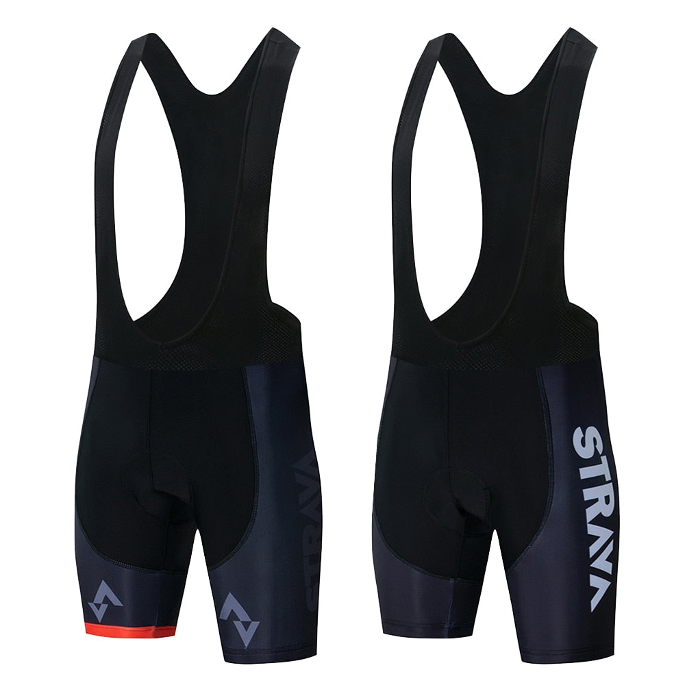 Strava Cycling Shorts featured with front and back images, include black straps, a red band on one leg, STRAVA written vertically on the other leg, and a gel pad seat for comfort.