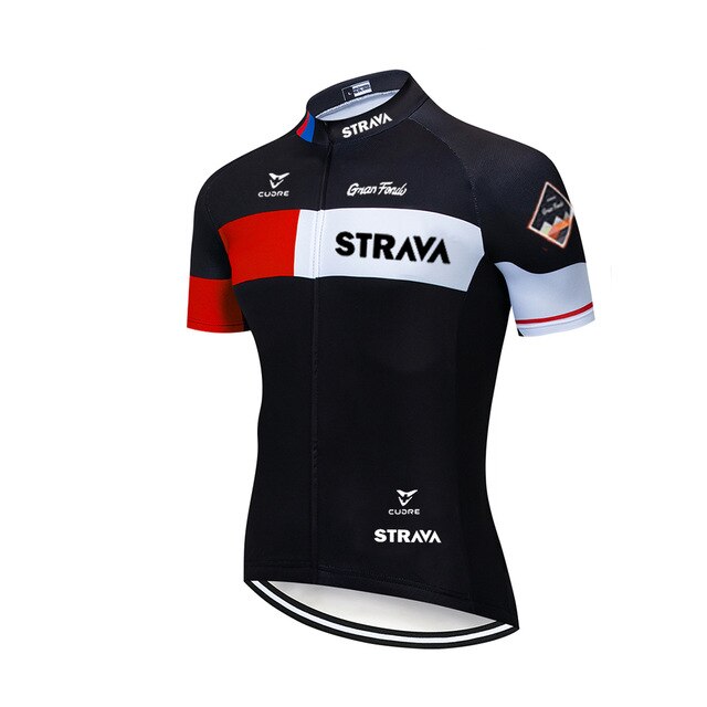 The Strava Cycling Jersey features a stylish black, red, and white design. Made from lightweight polyester, it prominently displays Strava and Cube logos and includes text and a patch on the left sleeve for extra flair.