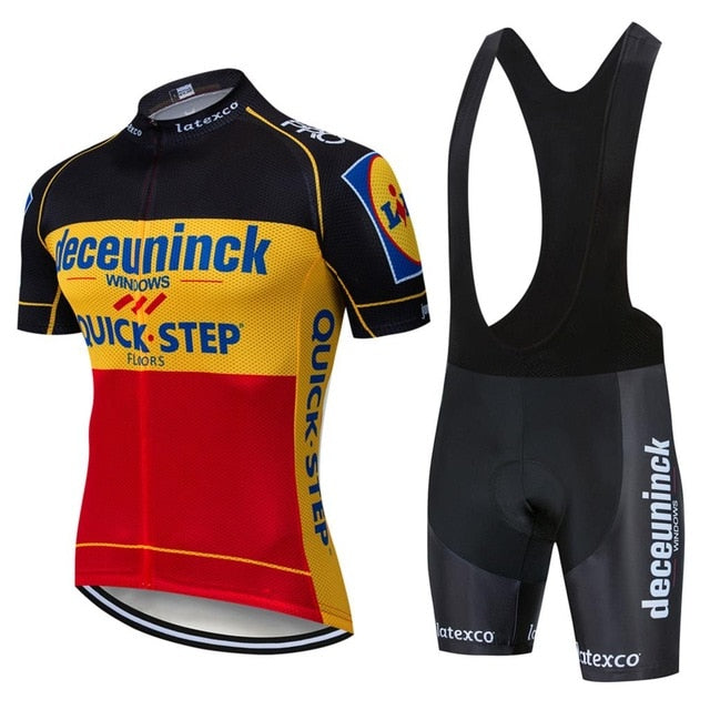 The Quick Step Deceuninck Team Jersey Set features a lightweight polyester jersey with vibrant red, yellow, and black colors, showcasing Quick Step Deceuninck among the sponsor logos. Paired with sleek black bib shorts, this stylish set is perfect for performance-driven cyclists.