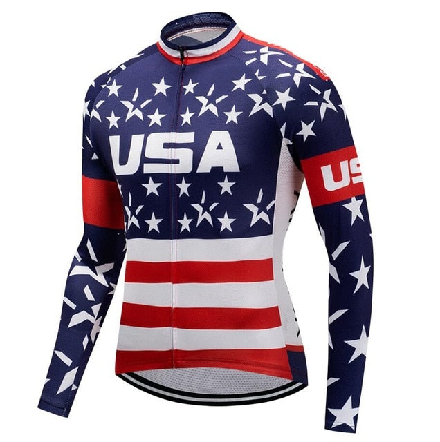 The USA Star Spangled Flag Cycling Jersey features a patriotic design with navy stars and red and white stripes, along with USA on the chest and sleeve. Available in long sleeves, the lightweight polyester jersey offers an optional fleece lining for extra comfort.