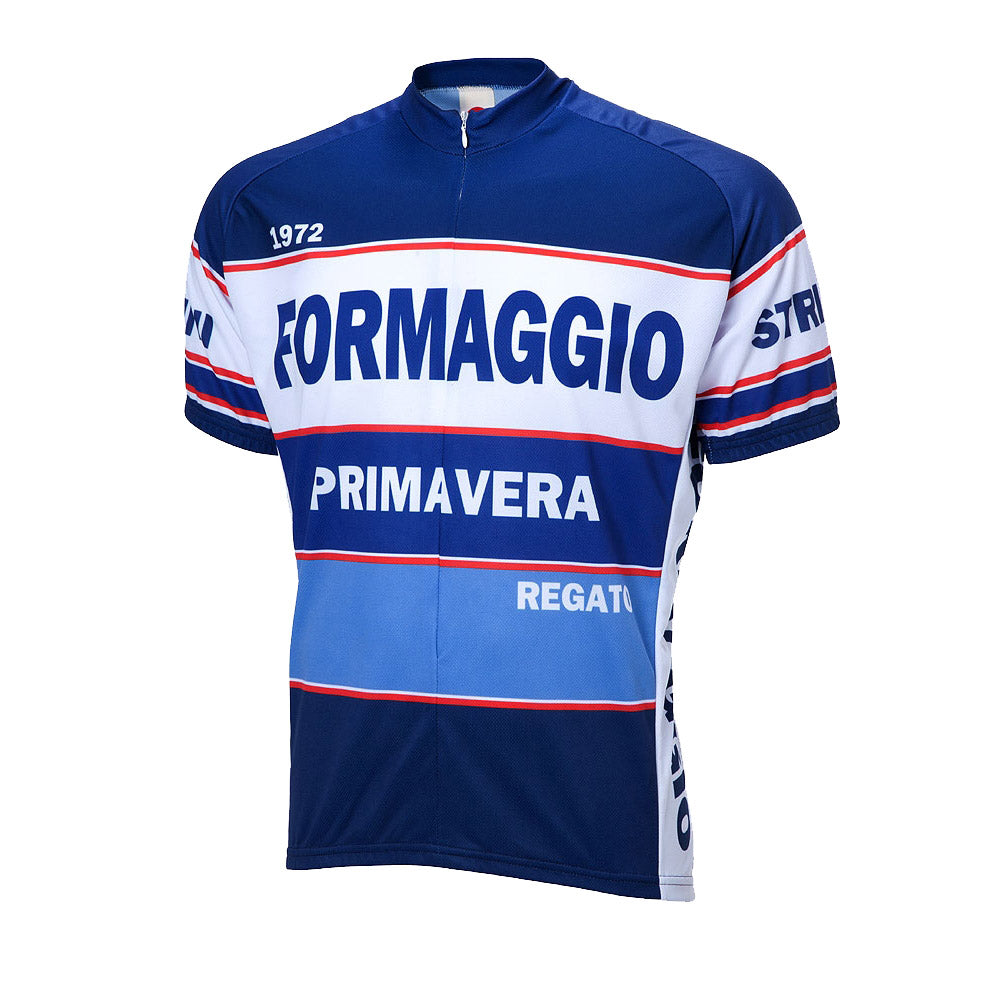 The Formaggio Primavera 1972 Retro Cycling Jersey is a blue and white design with horizontal stripes, FORMAGGIO on the chest, PRIMAVERA beneath it, and REGATI STRNI on the sides. Made from lightweight polyester, it proudly showcases the number 1972.