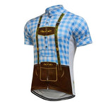 Embrace the Bavarian spirit with our Lederhosen Retro Cycling Jersey. This short-sleeve design blends a blue and white checkered pattern with printed brown suspenders, featuring decorative stitching at the bottom for an authentic Oktoberfest touch.