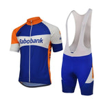 Experience nostalgia with the Rabobank Retro Cycling Jersey Set, showcasing a short-sleeve jersey in blue, orange, and white with a front zipper and Rabobank logo. Comes with matching bib shorts in the same dynamic hues.